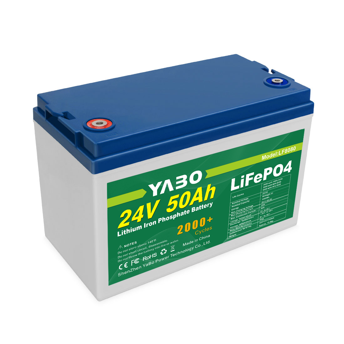 YABO 24V 50Ah LiFePO4 Lithium Iron Phosphate Battery Long Life